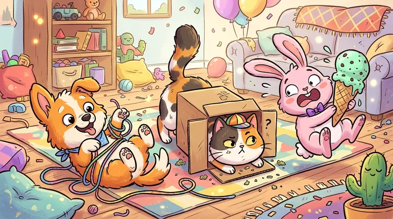 Kartun lucu hewan menggemaskan -- kucing, anjing, dan panda berekspresi kocak