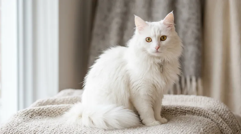 Foto kucing imut ras anggora berbulu putih dengan mata biru
