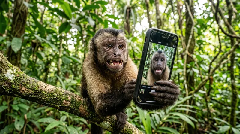 Foto monyet selfie paling viral -- monyet selfie dengan senyum lebar menghadap kamera