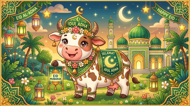 Gambar sapi kartun Idul Adha lucu dengan peci dan ekspresi bahagia