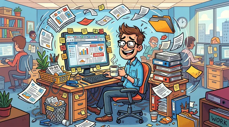 Gambar terlucu suasana kantor — karyawan chaos dengan banyak tab dan kopi