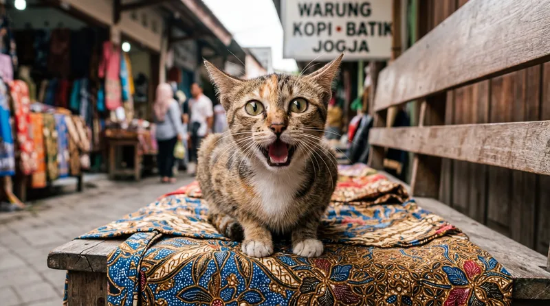 gambaran kucing kampung lucu duduk di kain batik Indonesia