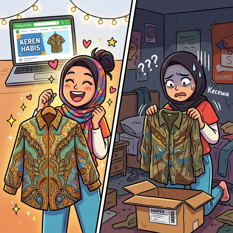 Gambar kartun lucu tentang ekspektasi vs realita belanja online yang bikin ngakak