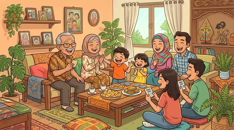 Ilustrasi keluarga Indonesia berkumpul di ruang tamu sambil tertawa bermain tebak-tebakan bersama