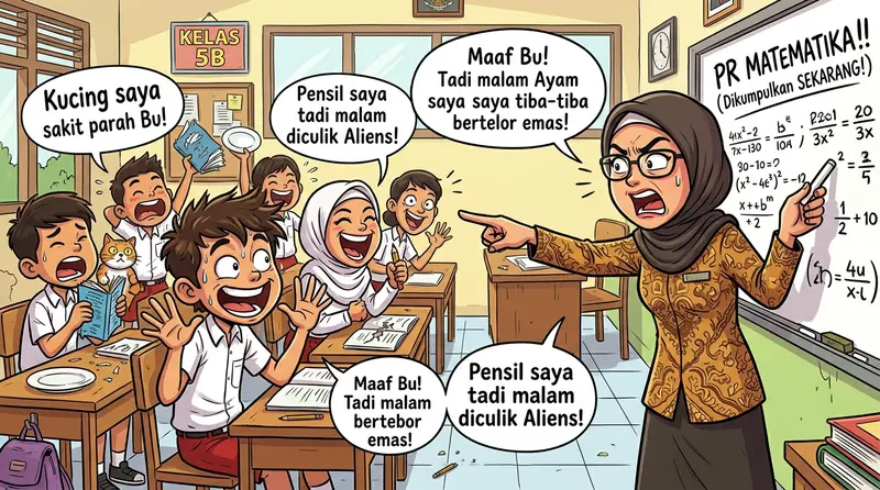 Ilustrasi interaksi lucu antara guru dan murid di sekolah yang bikin ngakak